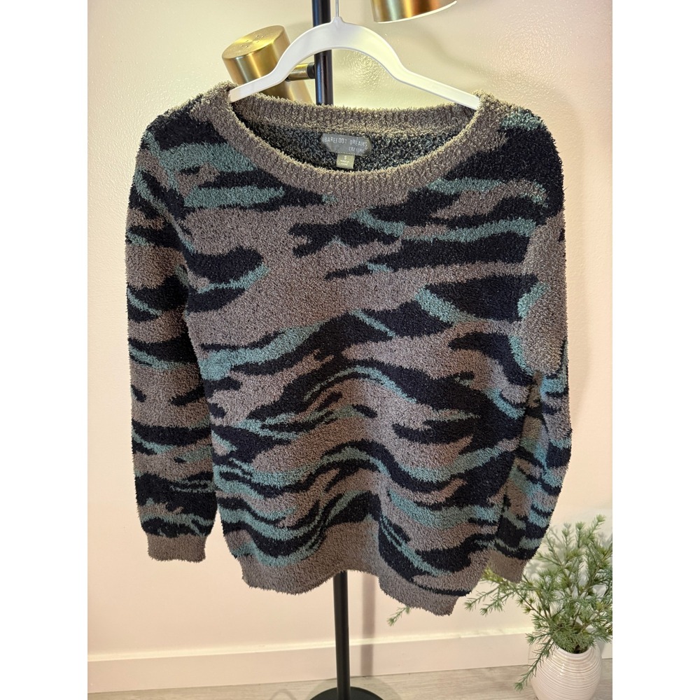 Barefoot Dreams CozyChic Camo Crewneck Sweater Brown Teal BDWCC1756 Womens Small